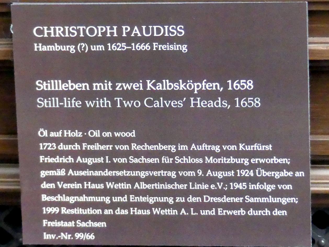 Christopher Paudiß (1657–1663), Stillleben mit zwei Kalbsköpfen, Dresden, Gemäldegalerie Alte Meister, 2. OG: Stillleben, 1658, Bild 2/3