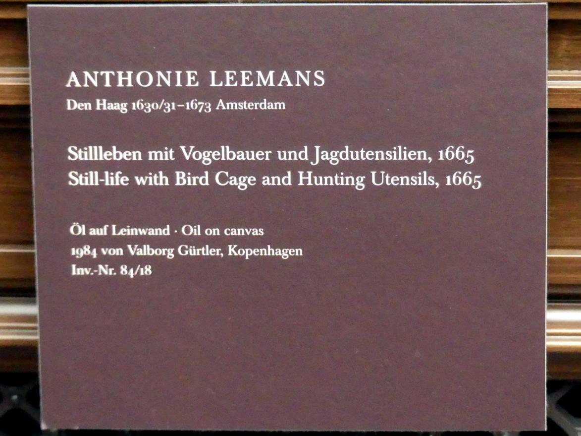 Anthonie Leemans (1665), Stillleben mit Vogelbauer und Jagdutensilien, Dresden, Gemäldegalerie Alte Meister, 2. OG: Stillleben, 1665, Bild 2/2