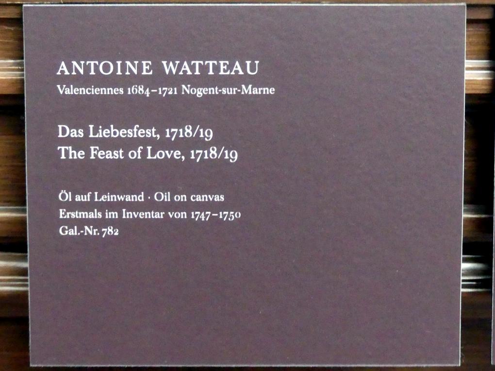 Antoine Watteau (Jean-Antoine Watteau) (1709–1720), Das Liebesfest, Dresden, Gemäldegalerie Alte Meister, 2. OG: Hofkunst 18. Jahrhundert, 1718–1719, Bild 2/2