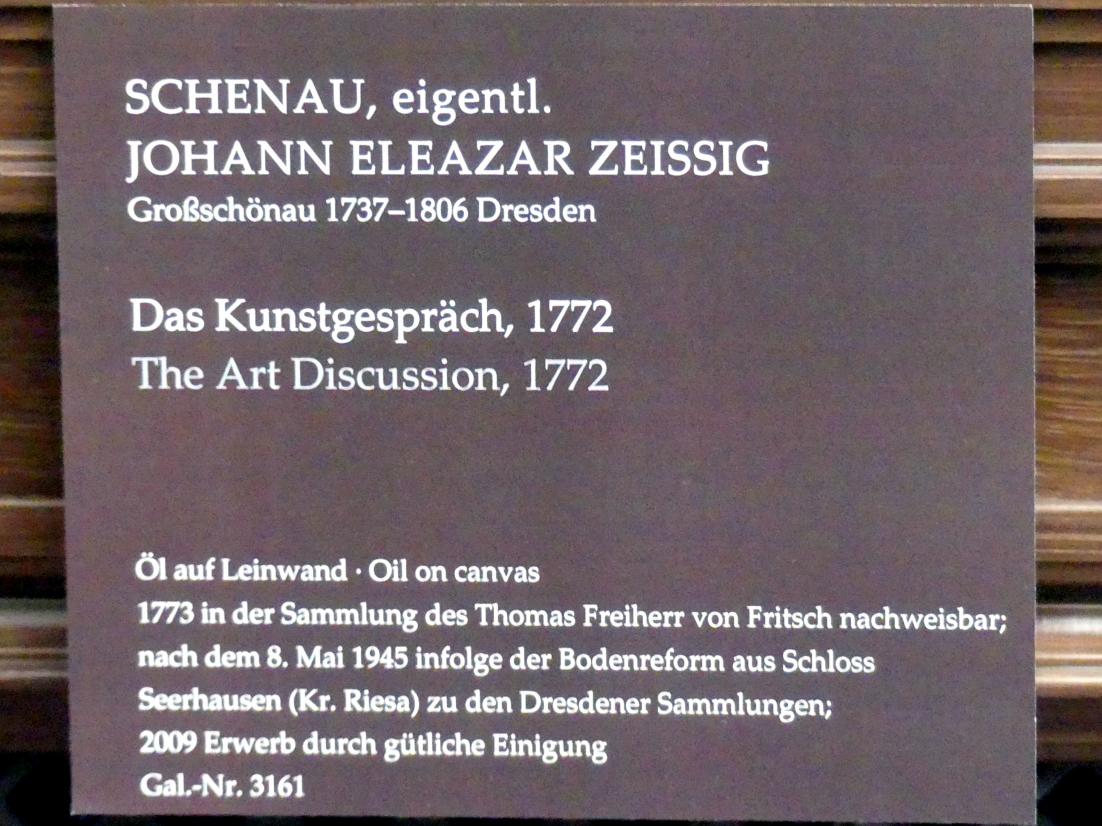 Johann Eleazar Schenau (Zeissig) (1772), Das Kunstgespräch, Dresden, Gemäldegalerie Alte Meister, 2. OG: Hofkunst 18. Jahrhundert, 1772, Bild 2/3