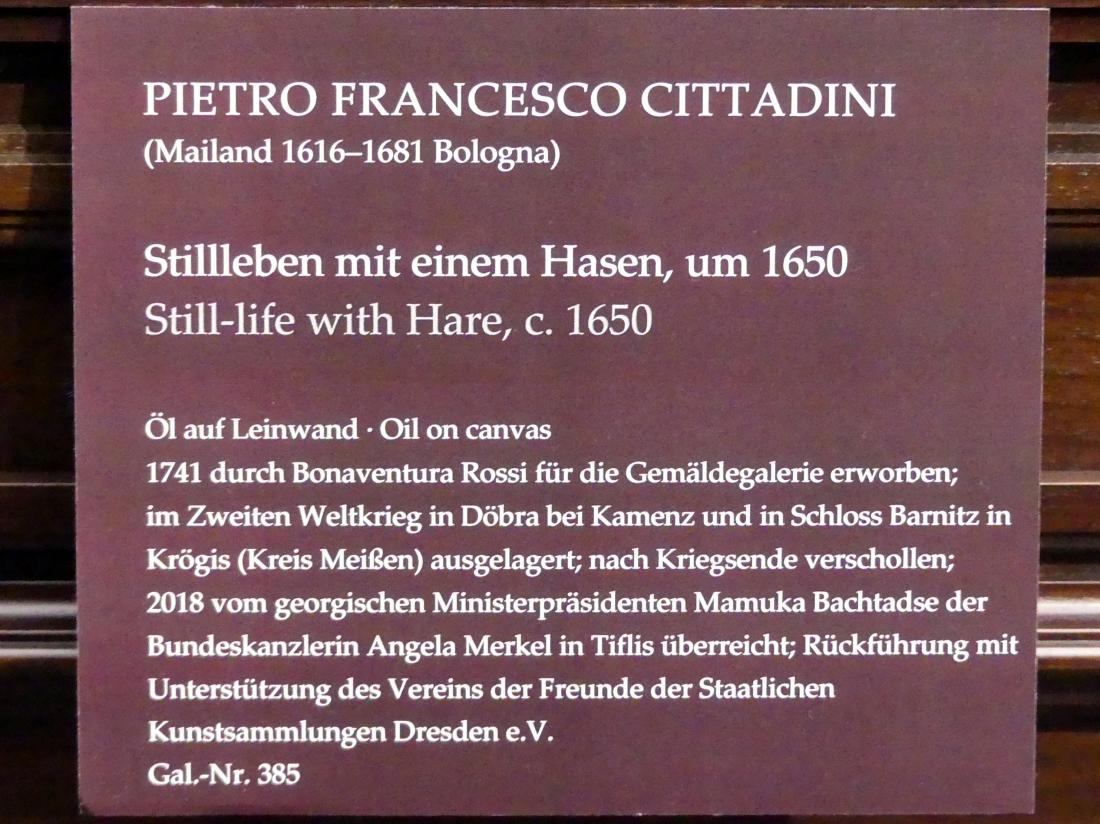 Pier Francesco Cittadini (il Milanese) (1642–1662), Stillleben mit einem Hasen, Dresden, Gemäldegalerie Alte Meister, 1. OG: Velázquez, um 1650, Bild 2/3