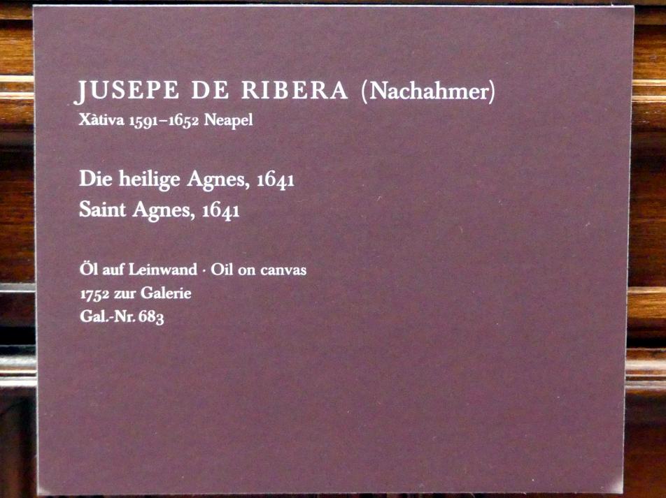 Jusepe de Ribera (Nachahmer) (1641–1642), Die heilige Agnes, Dresden, Gemäldegalerie Alte Meister, 1. OG: Historienmalerei, 1641, Bild 2/2