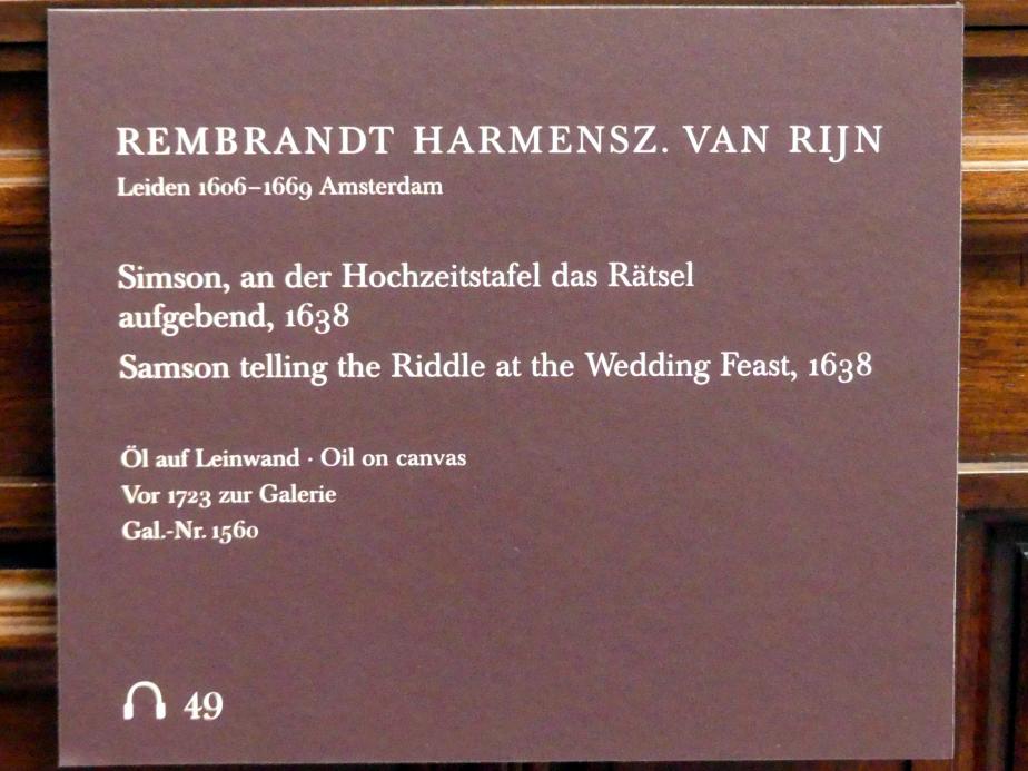 Rembrandt (Rembrandt Harmenszoon van Rijn) (1627–1669), Simson, an der Hochzeitstafel das Rätsel aufgebend, Dresden, Gemäldegalerie Alte Meister, 1. OG: Historienmalerei, 1638, Bild 2/2