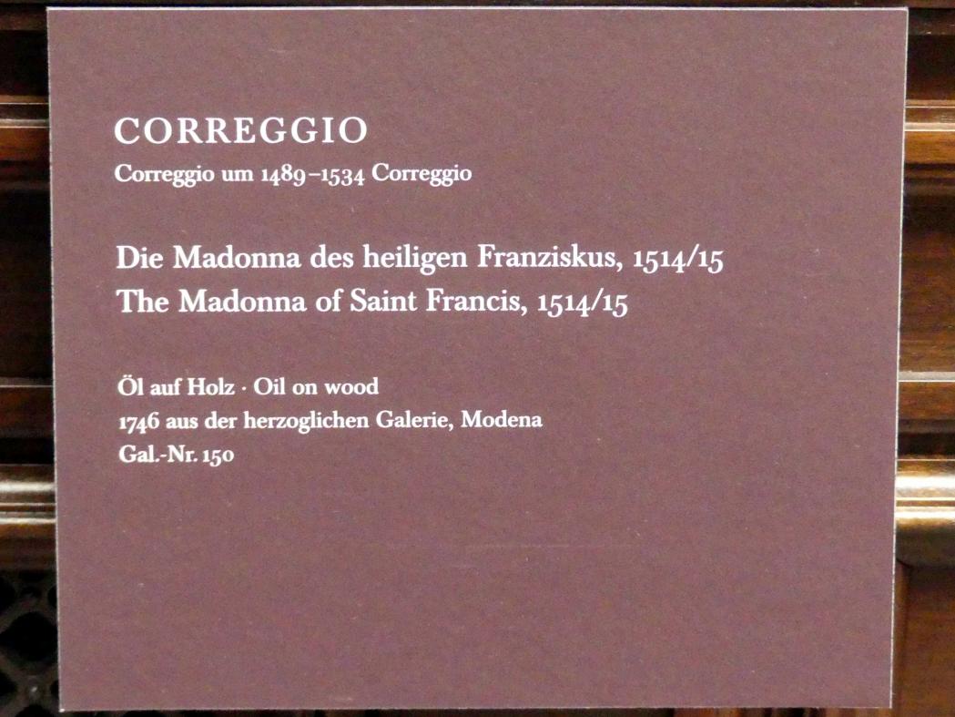 Antonio Allegri (Correggio) (1511–1532), Die Madonna des heiligen Franziskus, Dresden, Gemäldegalerie Alte Meister, 1. OG: Altäre, 1514–1515, Bild 2/2