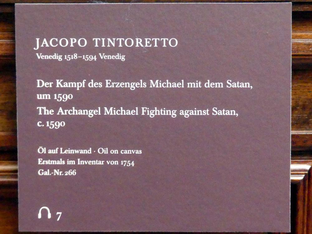 Tintoretto (Jacopo Robusti) (1540–1590), Der Kampf des Erzengels Michael mit dem Satan, Dresden, Gemäldegalerie Alte Meister, 1. OG: Altäre, um 1590, Bild 2/2