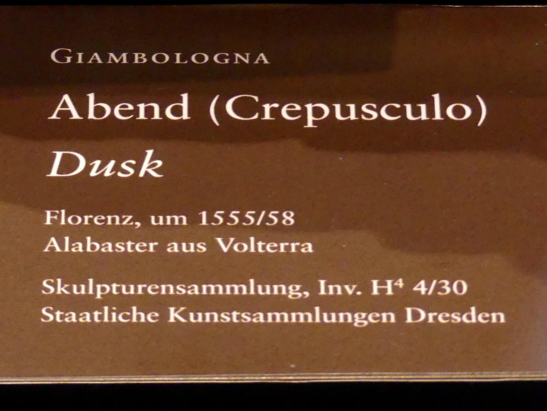 Giovanni da Bologna (Giambologna) (1556–1608), Abend (Crepusculo), Dresden, Gemäldegalerie Alte Meister, 1. OG: Skulpturen 15.-18. Jahrhundert, um 1555–1558, Bild 3/3