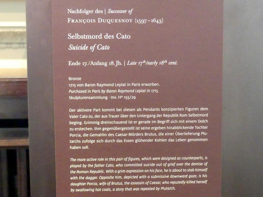 François Duquesnoy (Nachfolger) (1643–1700), Selbstmord des Cato, Dresden, Gemäldegalerie Alte Meister, 1. OG: Skulpturen 15.-18. Jahrhundert, um 1700, Bild 4/4