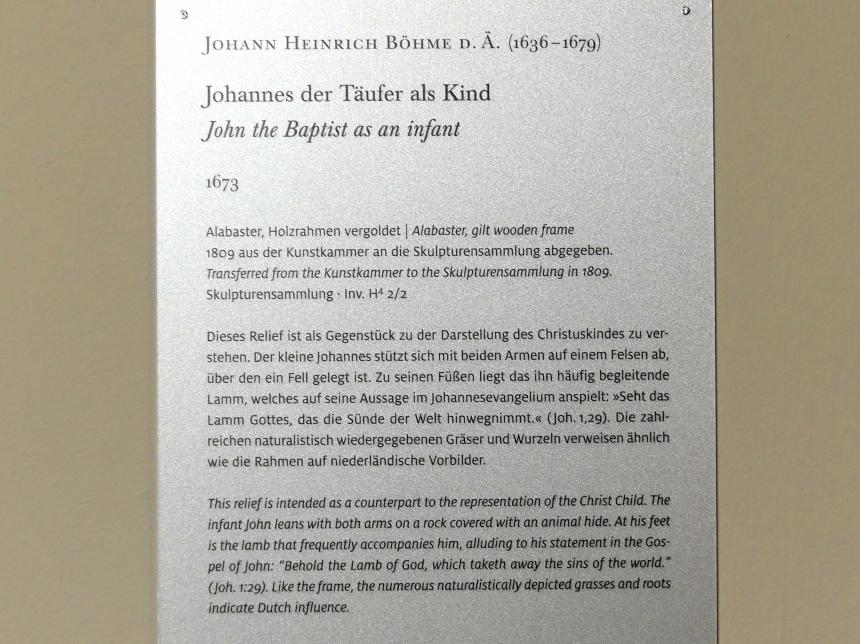 Johann Heinrich Böhme der Ältere (1665–1676), Johannes der Täufer als Kind, Dresden, Gemäldegalerie Alte Meister, 1. OG: Skulpturen 15.-18. Jahrhundert, 1673, Bild 2/2