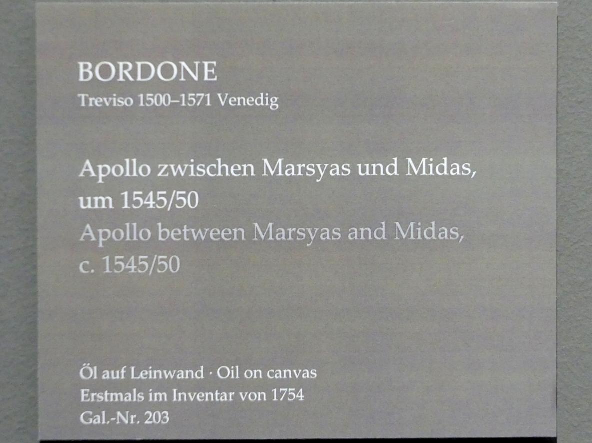 Paris Bordone (1523–1560), Apollo zwischen Marsyas und Midas, Dresden, Gemäldegalerie Alte Meister, EG: Porträts 2, um 1545–1550, Bild 2/2