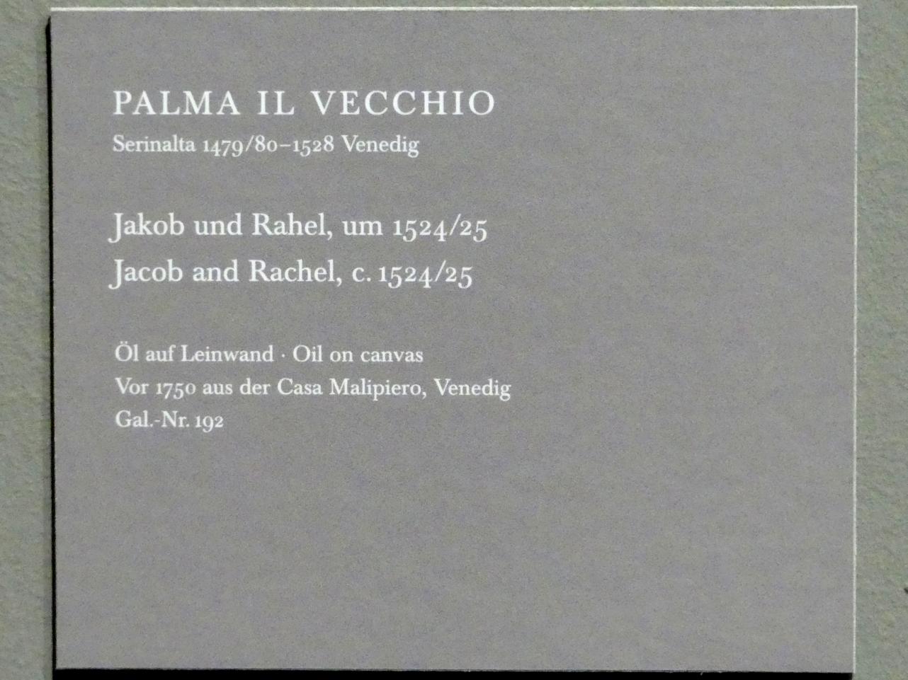 Jacopo Palma il Vecchio (Jacomo Nigretti de Lavalle) (1500–1526), Jakob und Rachel, Dresden, Gemäldegalerie Alte Meister, EG: Venezianische Malerei, um 1524–1525, Bild 2/3