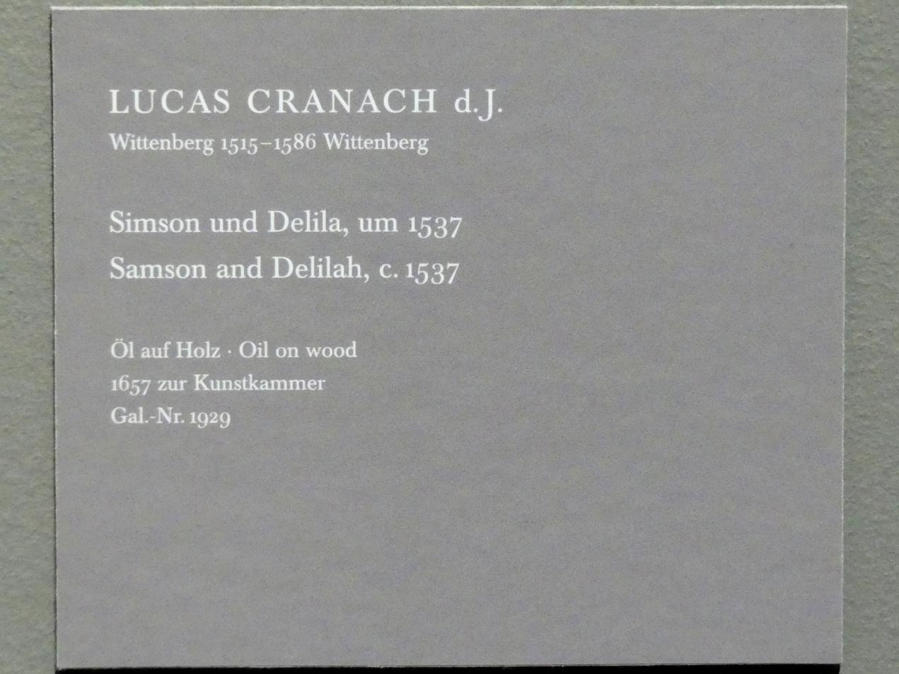 Lucas Cranach der Jüngere (1537–1586), Simson und Delila, Dresden, Gemäldegalerie Alte Meister, EG: Cranach, um 1537, Bild 2/2