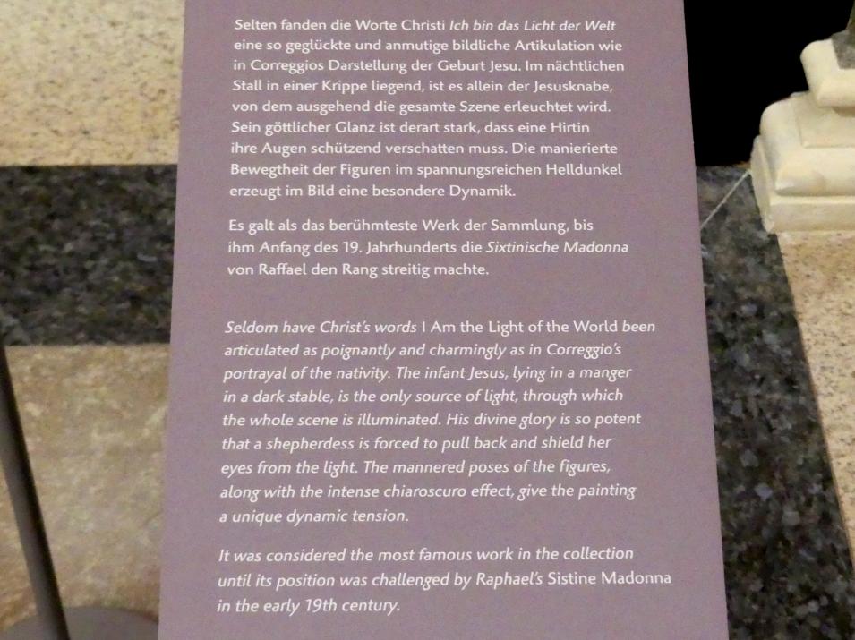 Antonio Allegri (Correggio) (1511–1532), Die Heilige Nacht, Dresden, Gemäldegalerie Alte Meister, EG: Altäre und Andachtsbilder, 1522–1530, Bild 3/3