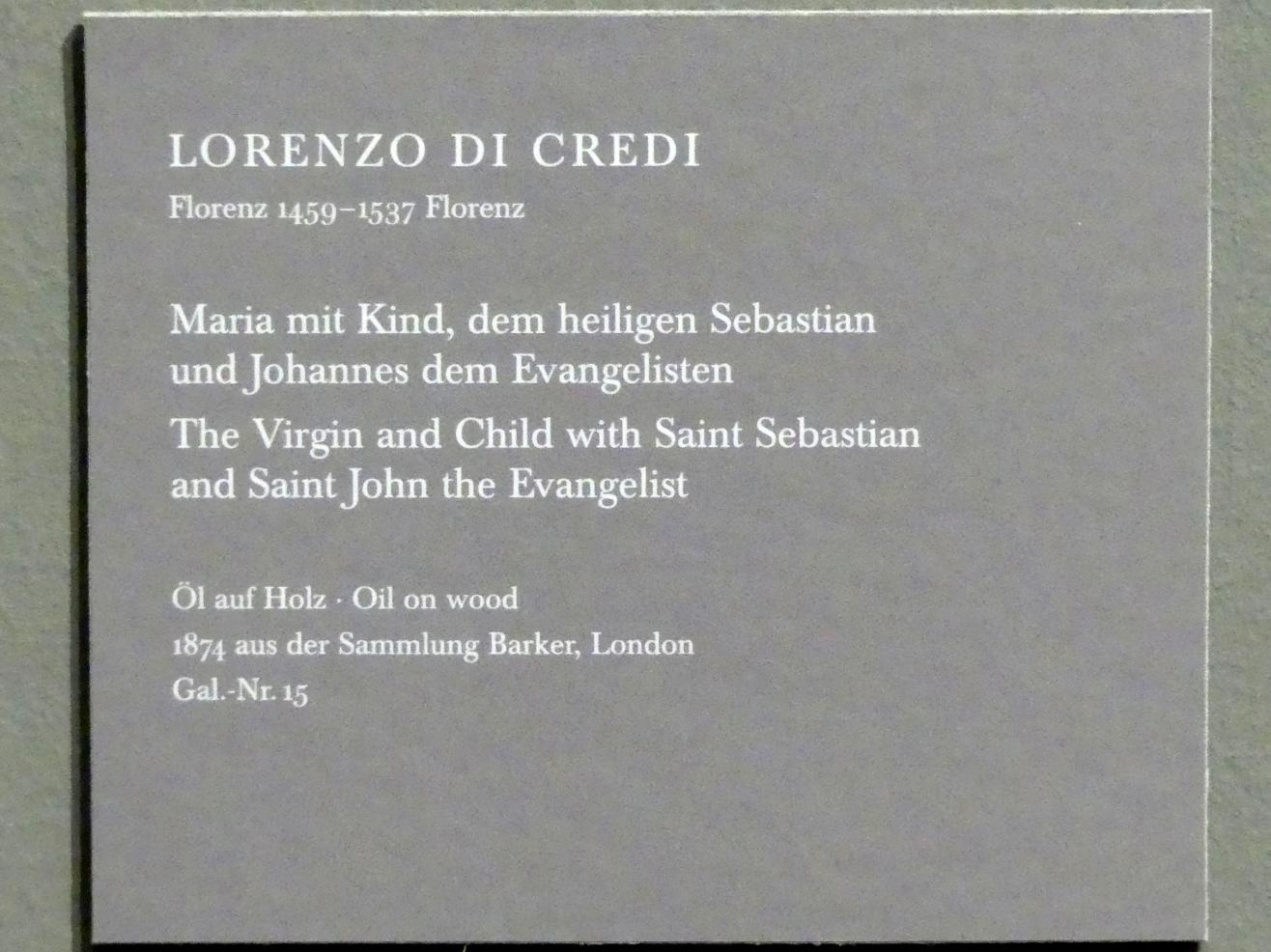 Lorenzo di Credi (1480–1520), Maria mit Kind, dem heiligen Sebastian und Johannes dem Evangelisten, Dresden, Gemäldegalerie Alte Meister, EG: Altäre und Andachtsbilder, Undatiert, Bild 2/3