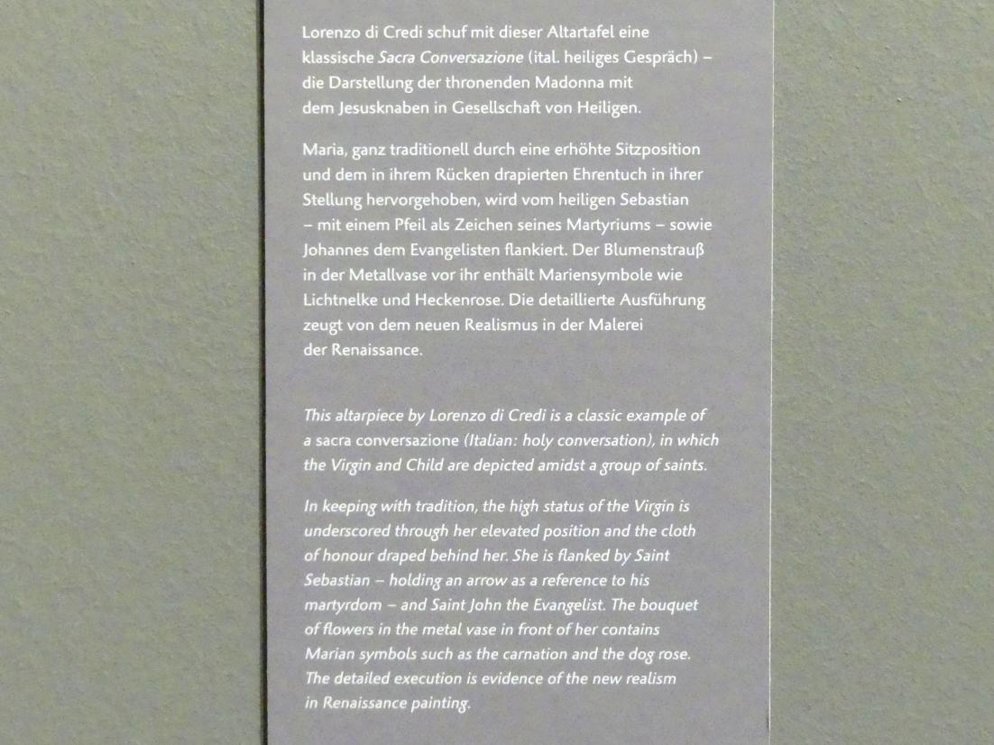 Lorenzo di Credi (1480–1520), Maria mit Kind, dem heiligen Sebastian und Johannes dem Evangelisten, Dresden, Gemäldegalerie Alte Meister, EG: Altäre und Andachtsbilder, Undatiert, Bild 3/3