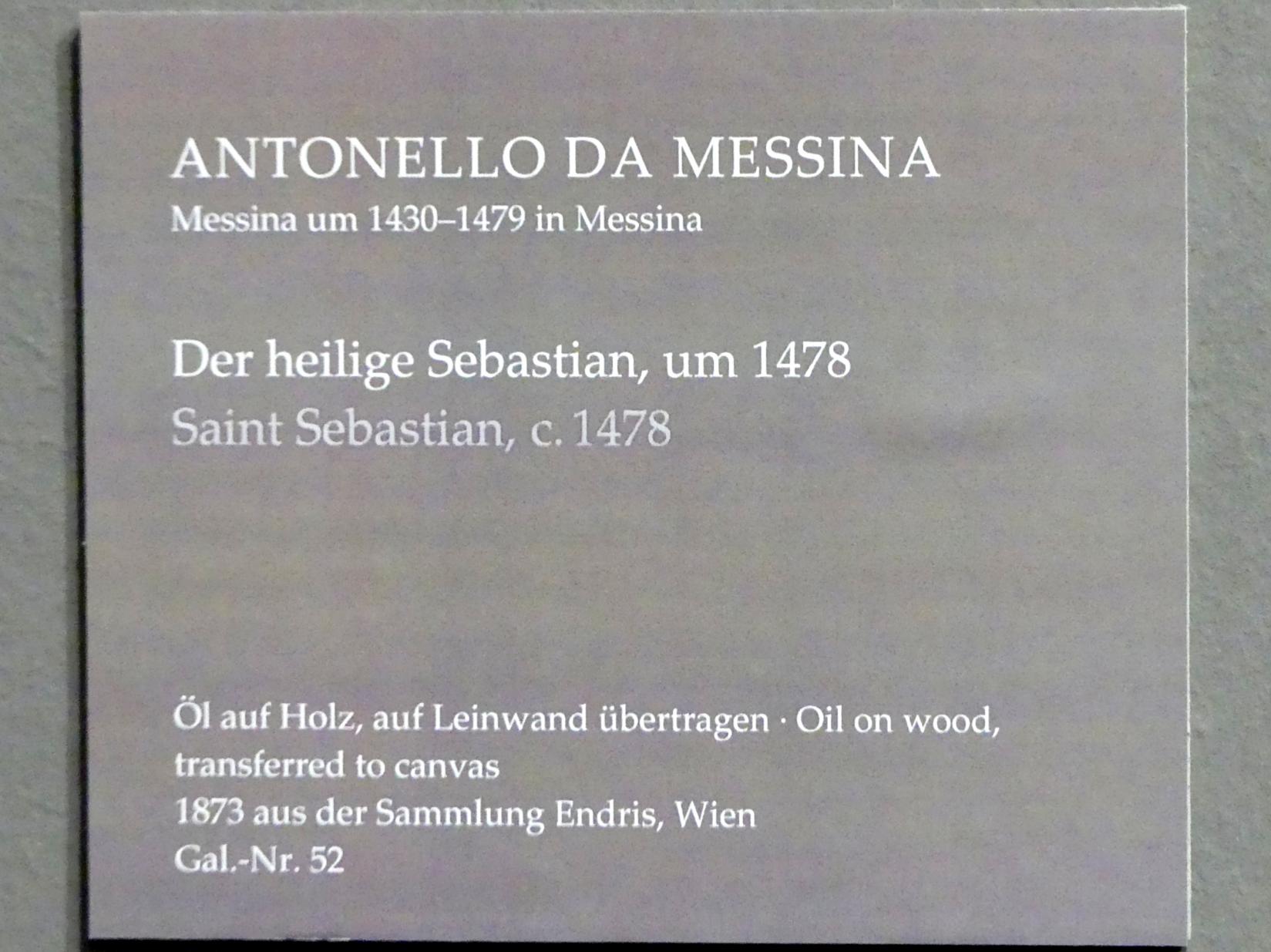 Antonello da Messina (1464–1478), Der heilige Sebastian, Dresden, Gemäldegalerie Alte Meister, EG: Altäre und Andachtsbilder, um 1478, Bild 2/2