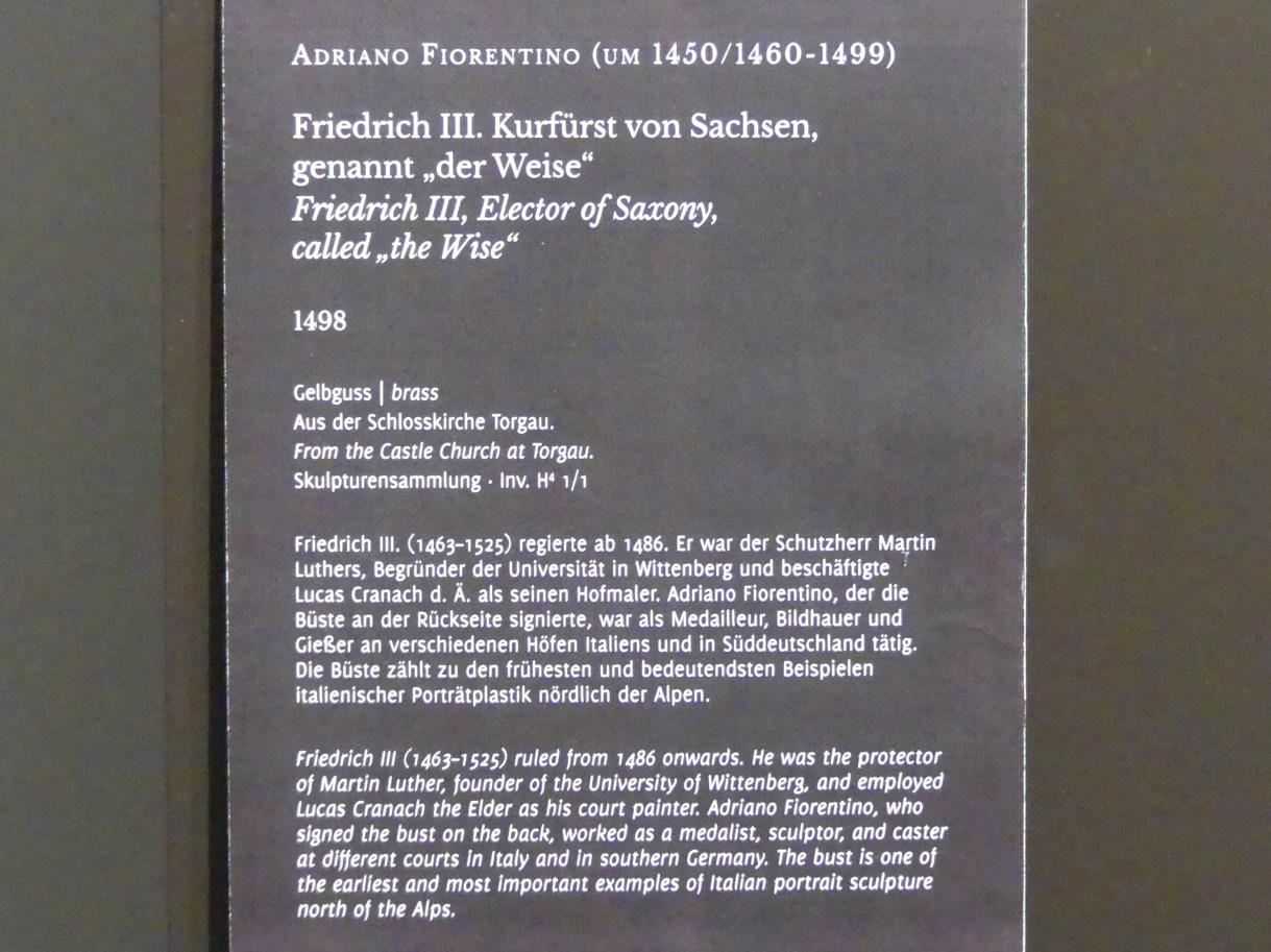 Adriano Fiorentino (1498–1499), Friedrich III. Kurfürst von Sachsen, genannt "der Weise", Dresden, Gemäldegalerie Alte Meister, EG: Porträts 1, 1498, Bild 4/4