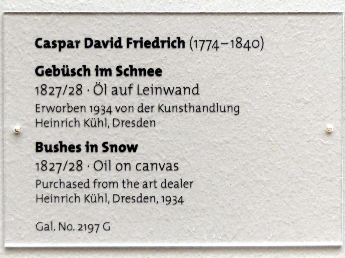 Caspar David Friedrich (1798–1836), Gebüsch im Schnee, Dresden, Albertinum, Galerie Neue Meister, 2. Obergeschoss, Saal 1, 1827–1828, Bild 2/2