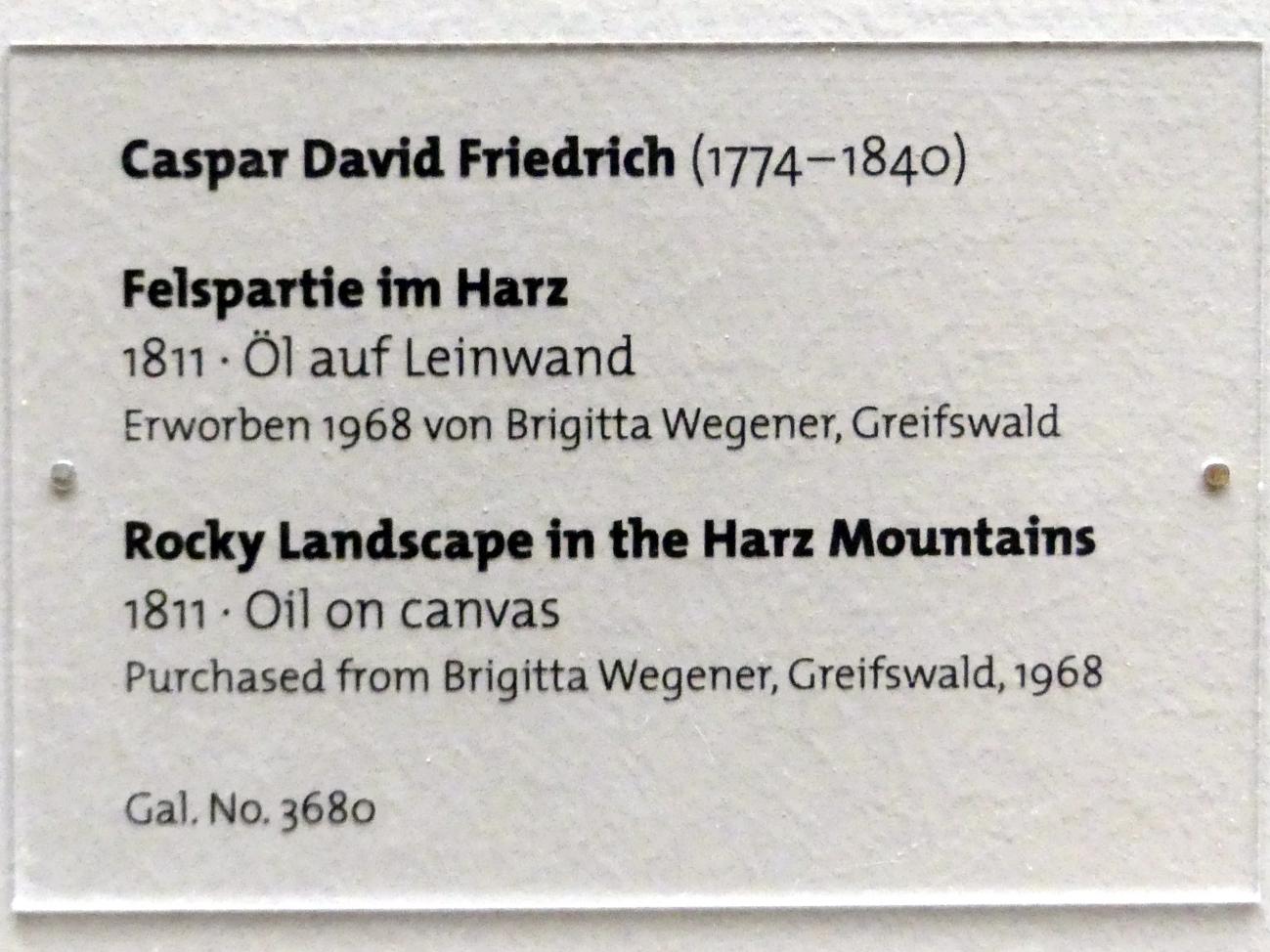 Caspar David Friedrich (1798–1836), Felspartie im Harz, Dresden, Albertinum, Galerie Neue Meister, 2. Obergeschoss, Saal 2, 1811, Bild 2/2