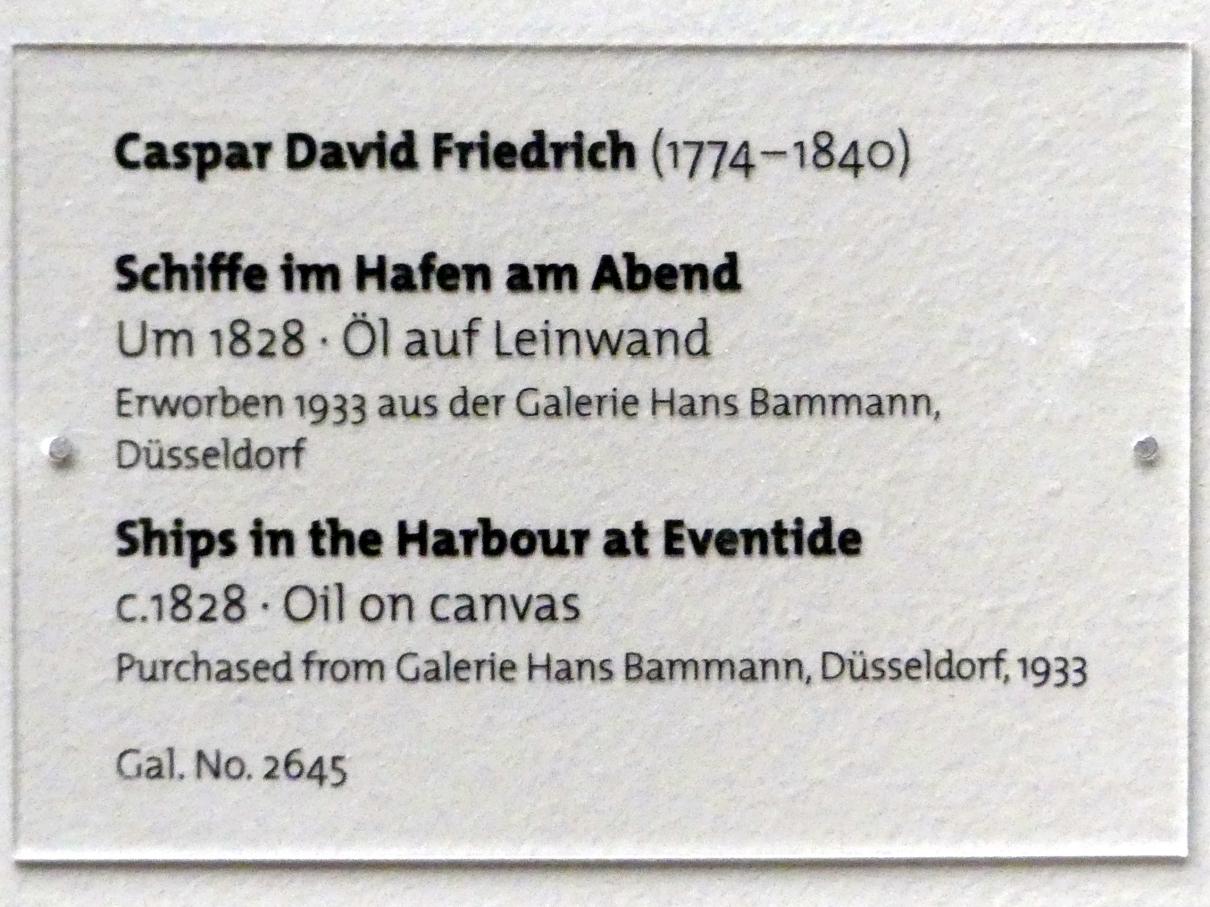 Caspar David Friedrich (1798–1836), Schiffe im Hafen am Abend, Dresden, Albertinum, Galerie Neue Meister, 2. Obergeschoss, Saal 2, um 1828, Bild 2/2
