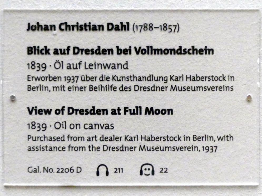 Johan Christian Clausen Dahl (1815–1852), Blick auf Dresden bei Vollmondschein, Dresden, Albertinum, Galerie Neue Meister, 2. Obergeschoss, Saal 3, 1839, Bild 2/2