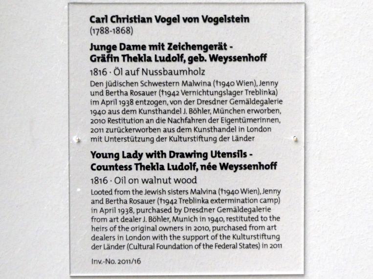 Carl Christian Vogel von Vogelstein (1816–1853), Junge Dame mit Zeichengerät - Gräfin Thekla Ludolf, geb. Weyssenhoff, Dresden, Albertinum, Galerie Neue Meister, 2. Obergeschoss, Saal 4, 1816, Bild 2/2