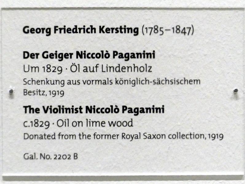 Georg Friedrich Kersting (1811–1835), Der Geiger Niccolò Paganini, Dresden, Albertinum, Galerie Neue Meister, 2. Obergeschoss, Saal 9, um 1829, Bild 2/2