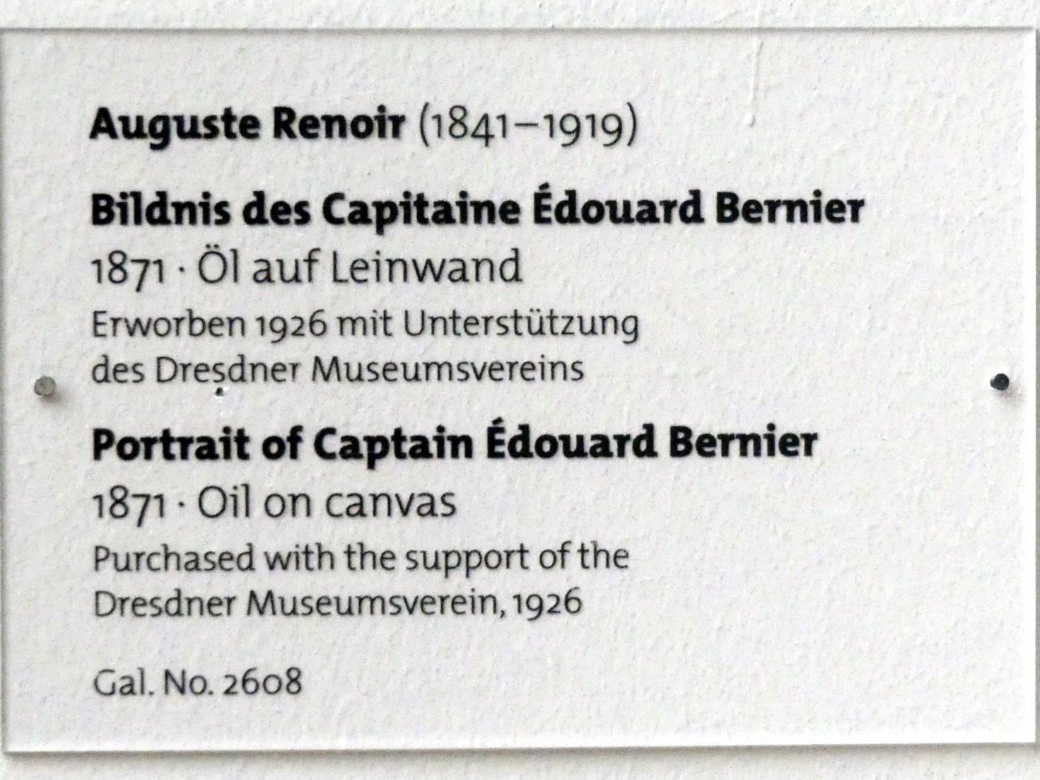Auguste Renoir (Pierre-Auguste Renoir) (1866–1918), Bildnis des Capitaine Édouard Bernier, Dresden, Albertinum, Galerie Neue Meister, 2. Obergeschoss, Saal 11, 1871, Bild 2/2