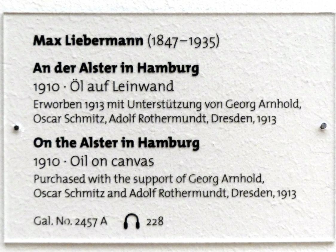 Max Liebermann (1872–1929), An der Alster in Hamburg, Dresden, Albertinum, Galerie Neue Meister, 2. Obergeschoss, Saal 11, 1910, Bild 2/2