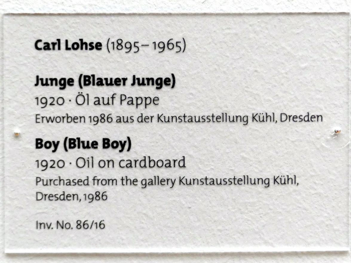 Carl Lohse (1919–1920), Junge (Blauer Junge), Dresden, Albertinum, Galerie Neue Meister, 2. Obergeschoss, Saal 14, 1920, Bild 2/2