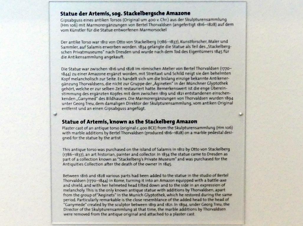 Bertel Thorvaldsen (1805–1836), Statue der Artemis, sog. Stackelbergsche Amazone, Dresden, Albertinum, Galerie Neue Meister, 1. Obergeschoss, Mosaiksaal, 1816–1828, Bild 2/2