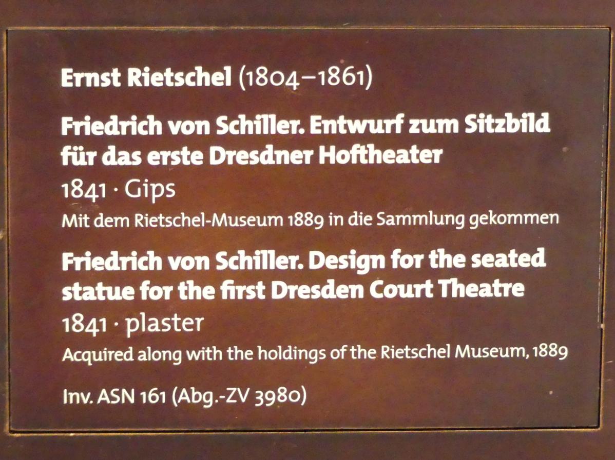 Ernst Rietschel (1829–1859), Friedrich von Schiller. Entwurf zum Sitzbild für das erste Dresdner Hoftheater, Dresden, Albertinum, Galerie Neue Meister, 1. Obergeschoss, Mosaiksaal, 1841, Bild 2/2