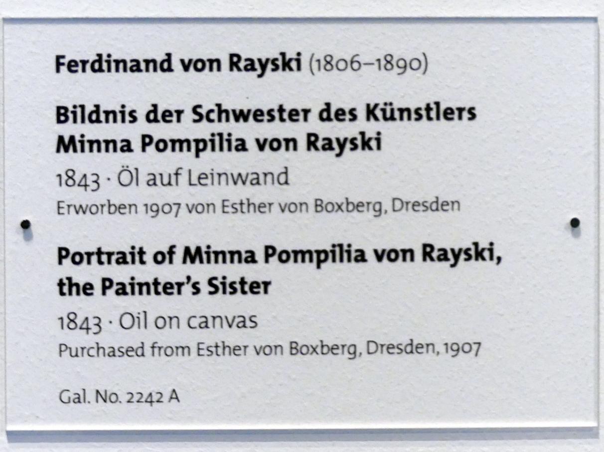 Ferdinand von Rayski (1837–1875), Bildnis der Schwester des Künstlers Minna Pompilia von Rayski, Dresden, Albertinum, Galerie Neue Meister, 1. Obergeschoss, Mosaiksaal, 1843, Bild 2/2