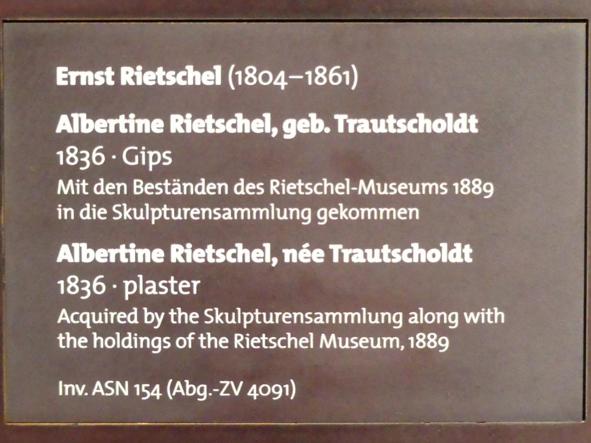 Ernst Rietschel (1829–1859), Albertine Rietschel, geb. Trautscholdt, Dresden, Albertinum, Galerie Neue Meister, 1. Obergeschoss, Mosaiksaal, 1836, Bild 2/2