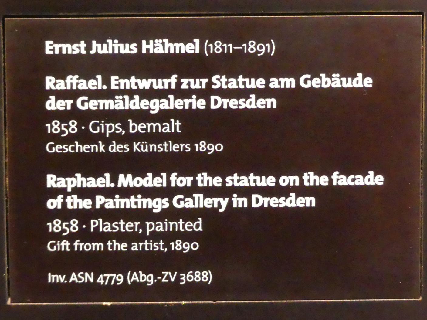 Ernst Julius Hähnel (1858–1886), Raffael. Entwurf zur Statue am Gebäude der Gemäldegalerie Dresden, Dresden, Albertinum, Galerie Neue Meister, 1. Obergeschoss, Mosaiksaal, 1858, Bild 3/3