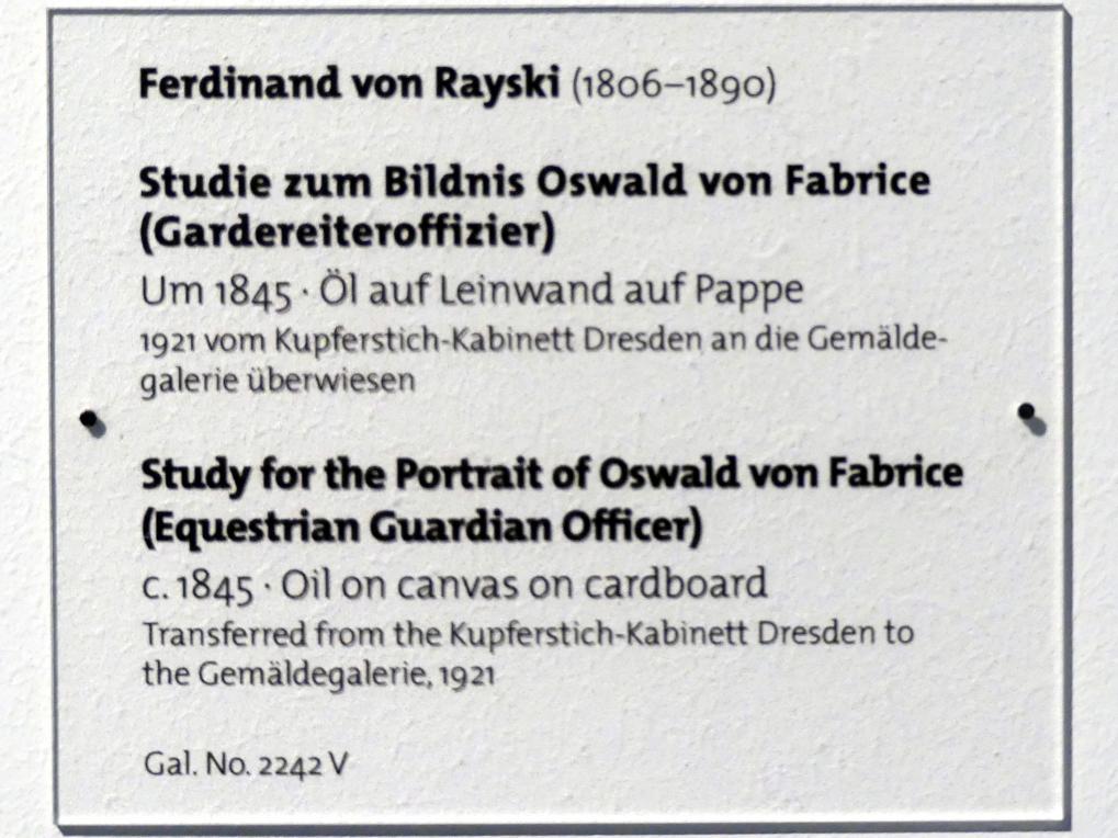Ferdinand von Rayski (1837–1875), Studie zum Bildnis Oswald von Fabrice (Gardereiteroffizier), Dresden, Albertinum, Galerie Neue Meister, 1. Obergeschoss, Mosaiksaal, um 1845, Bild 2/2