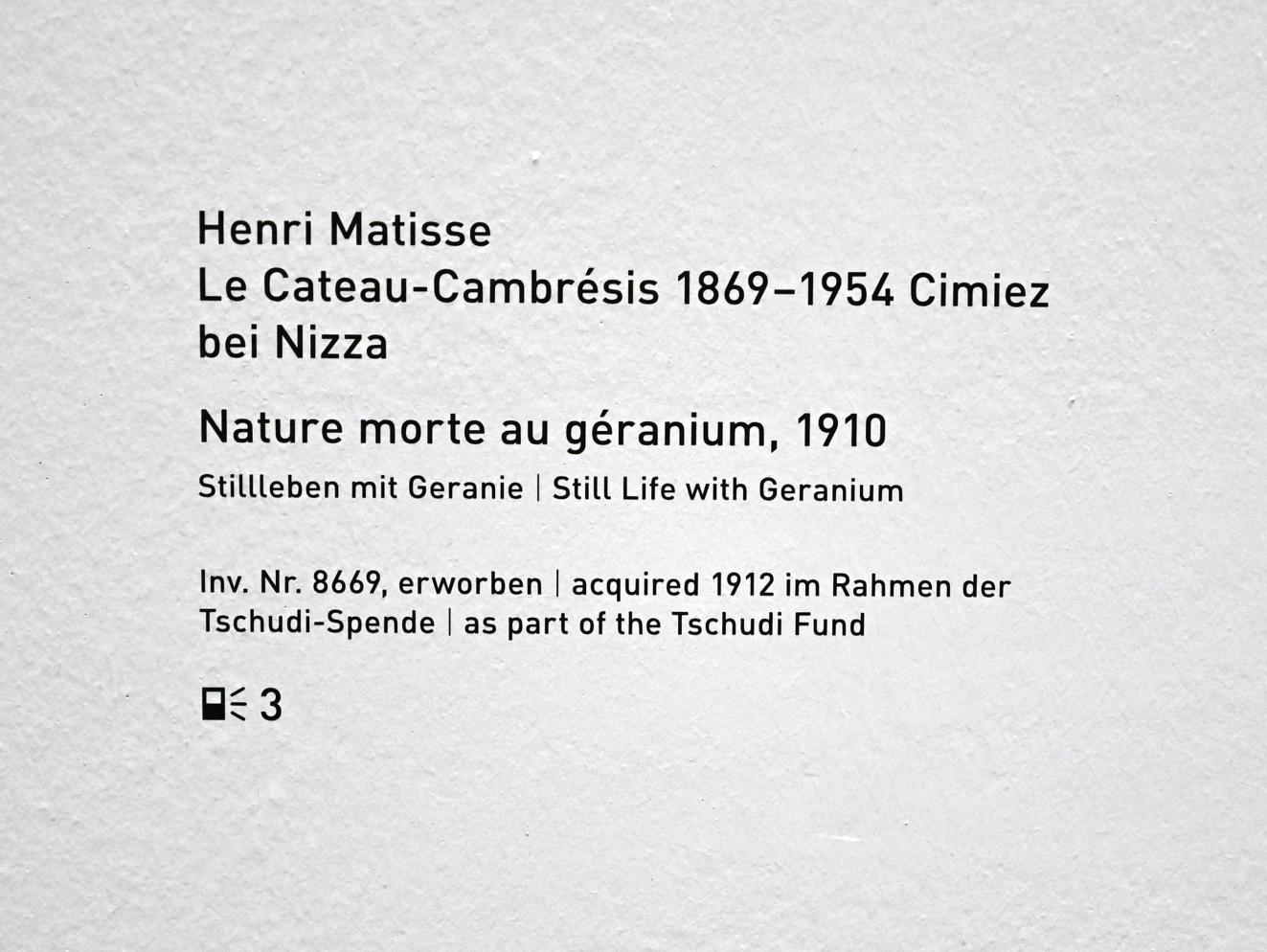 Henri Matisse (1898–1953), Nature morte aux géraniums - Stillleben mit Geranien, München, Pinakothek der Moderne, Saal 1, 1910, Bild 2/2