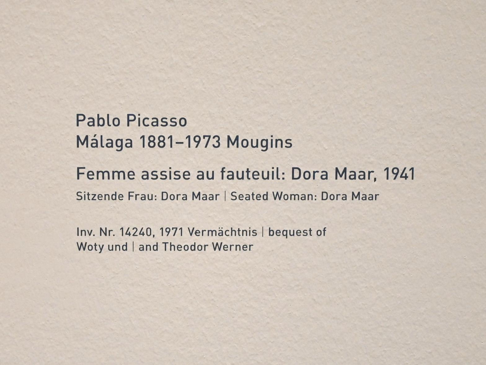Pablo Picasso (1897–1972), Femme assise au fauteuil: Dora Maar - Sitzende Frau: Dora Maar, München, Pinakothek der Moderne, Saal 6, 1941, Bild 2/2