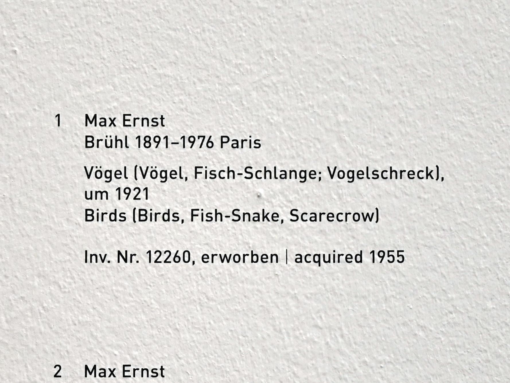 Max Ernst (1912–1970), Vögel (Vögel, Fisch-Schlange; Vogelschreck), München, Pinakothek der Moderne, Gang im Westflügel, um 1921, Bild 2/2
