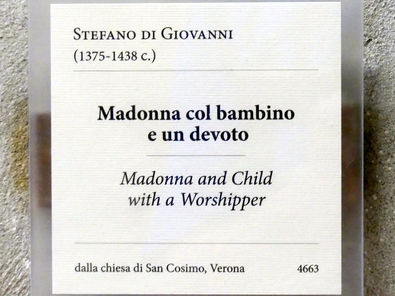 Stefano da Verona (Stefano di Giovanni) (1400), Anbetung des Christkindes und ein Stifter, Verona, Kirche San Cosimo, jetzt Verona, Museo di Castelvecchio, Saal 10, Undatiert, Bild 2/2