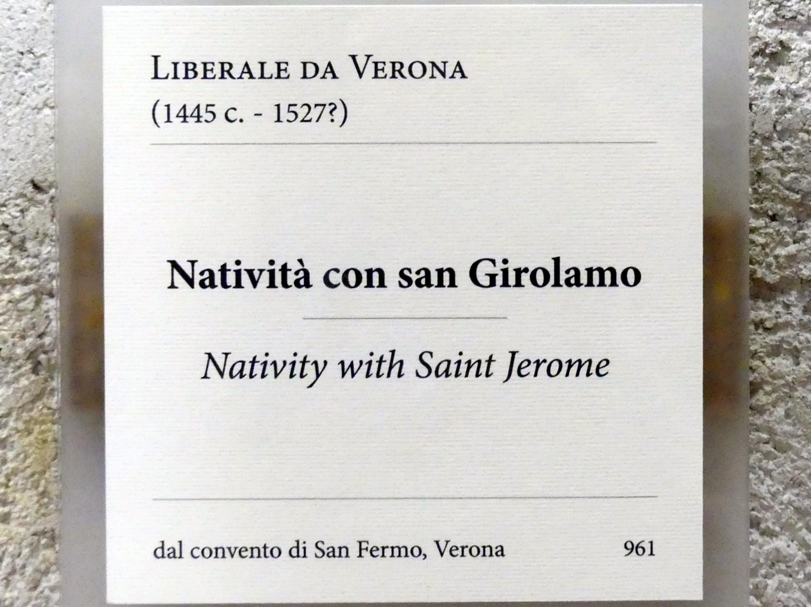 Liberale da Verona (1469–1515), Christi Geburt mit dem Heiligen Hieronymus, Verona, Kirche San Fermo Maggiore, jetzt Verona, Museo di Castelvecchio, Saal 16, Undatiert, Bild 2/2