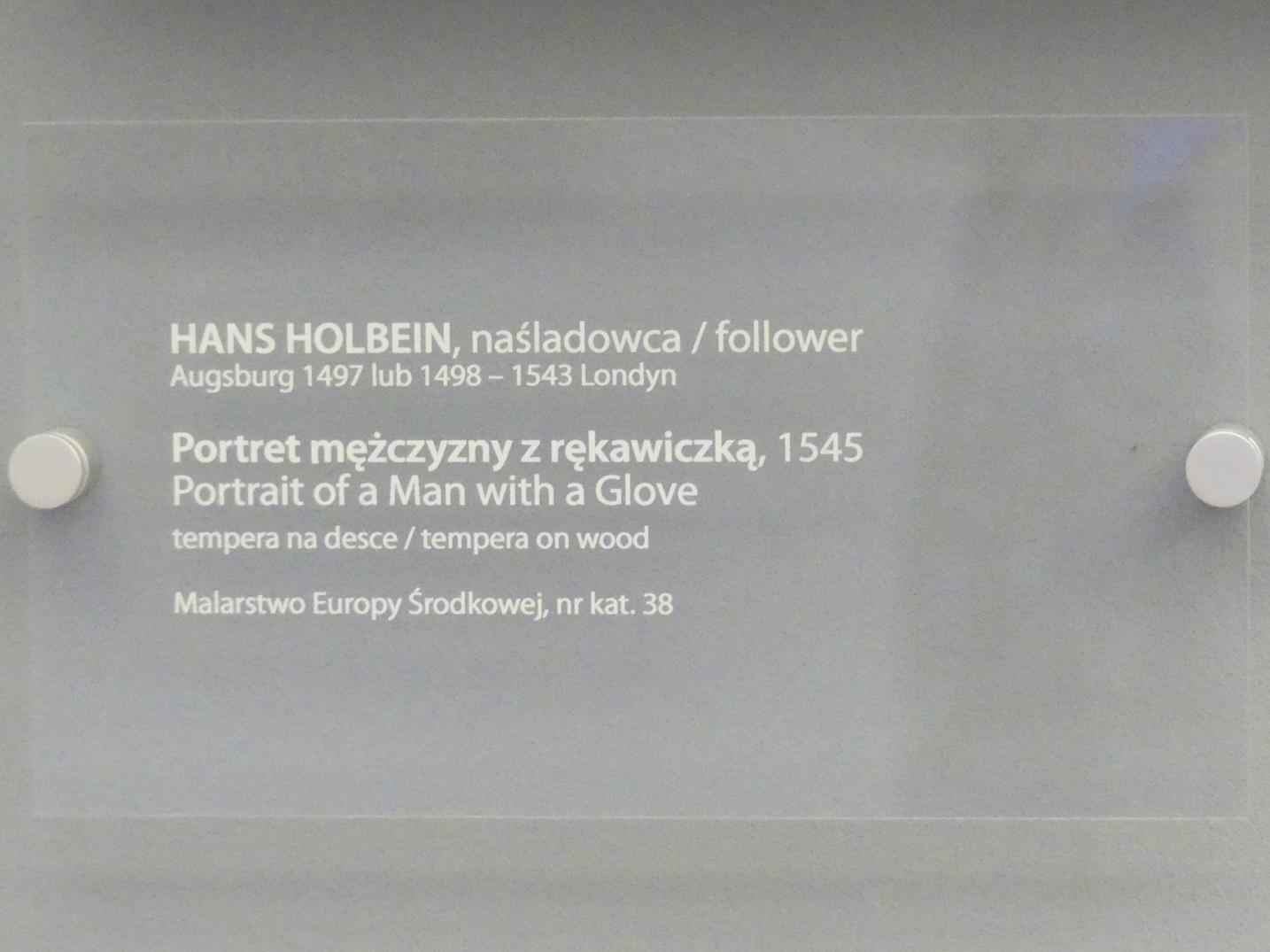 Hans Holbein der Jüngere (Nachfolger) (1545), Porträt eines Mannes mit Handschuhen, Breslau, Nationalmuseum, 2. OG, europäische Kunst 15.-20. Jhd., Saal 4, 1545, Bild 2/2