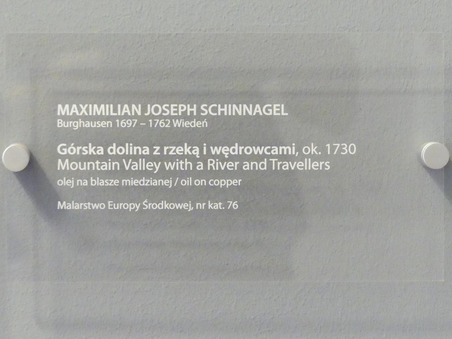 Maximilian Joseph Schinnagl (1730), Gebirgstal mit einem Fluss und Reisenden, Breslau, Nationalmuseum, 2. OG, europäische Kunst 15.-20. Jhd., Saal 10, um 1730, Bild 2/2