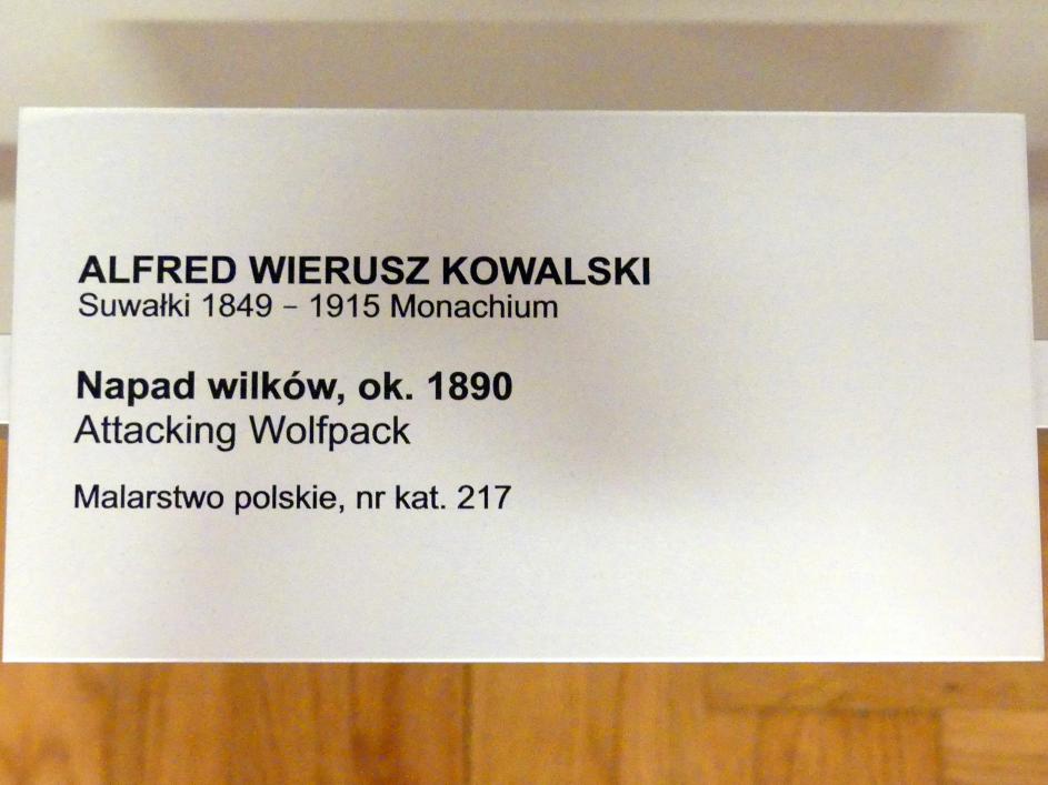 Alfred von Wierusz-Kowalski (1874–1904), Angreifendes Wolfsrudel, Breslau, Nationalmuseum, 1. OG, schlesische Kunst 17.-19. Jhd., Saal 8, um 1890, Bild 2/2