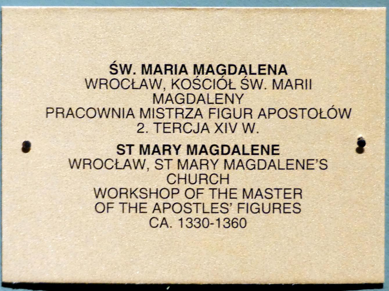 Meister der Apostelfiguren (Breslau) (Werkstatt) (1349–1362), Heilige Maria Magdalena, Breslau, Kirche St. Maria Magdalena, jetzt Breslau, Nationalmuseum, 1. OG, schlesische Kunst 14.-16. Jhd., Saal 2, 2. Drittel 14. Jhd., Bild 3/3