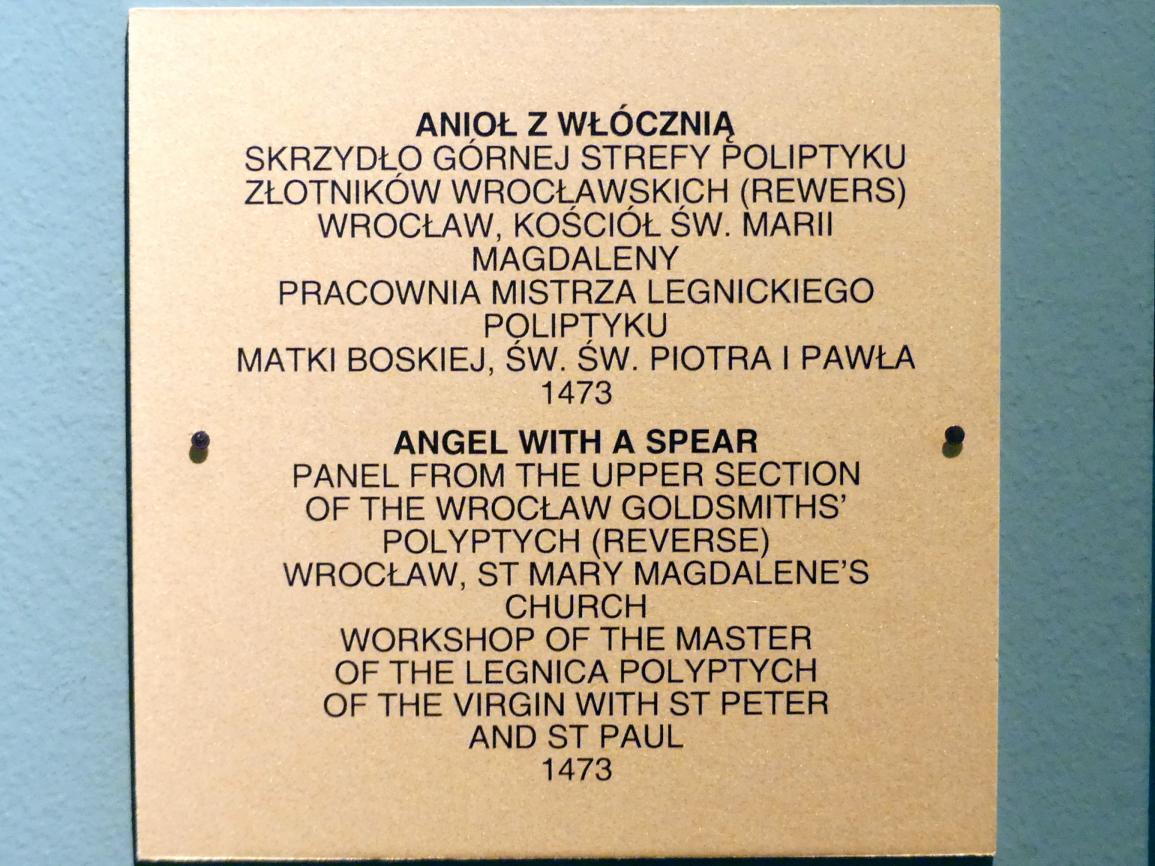 Meister des Liegnitzer Polyptychons der Jungfrau Maria und der hll. Peter und Paul (Werkstatt) (1473–1475), Engel mit Speer, Breslau, Kirche St. Maria Magdalena, jetzt Breslau, Nationalmuseum, 1. OG, schlesische Kunst 14.-16. Jhd., Saal 5, 1473, Bild 2/2