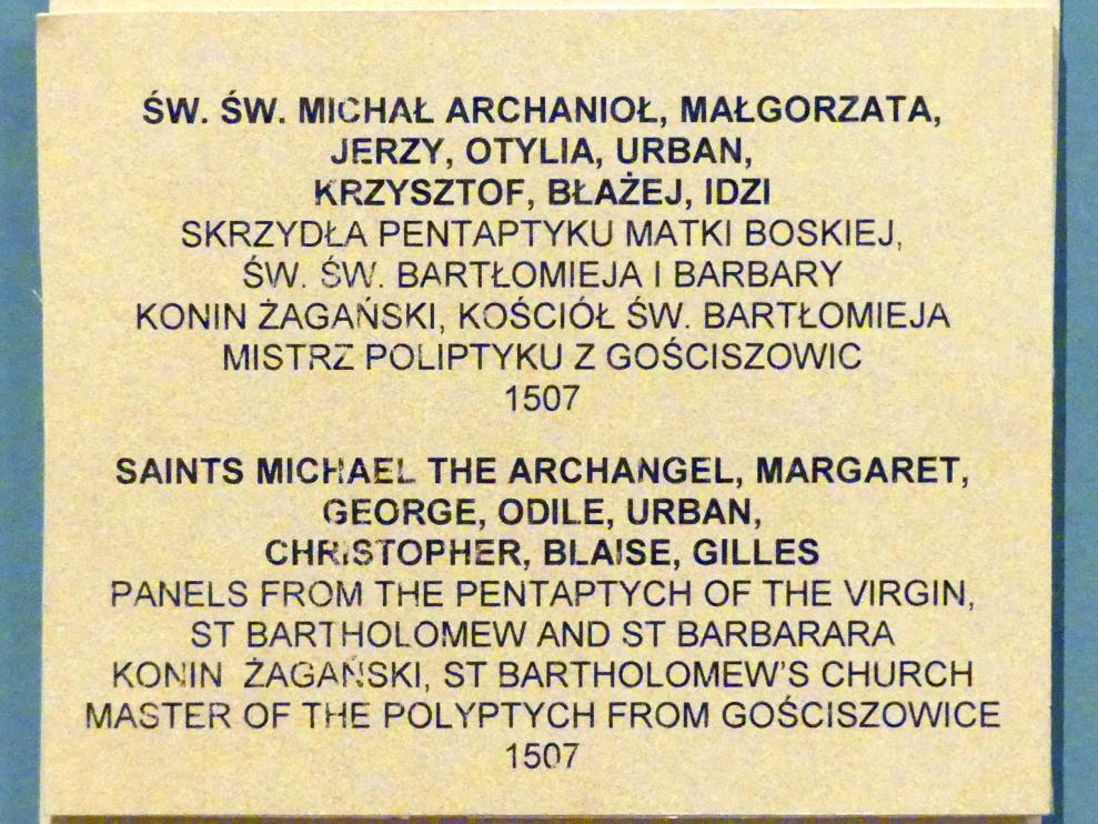 Meister des Flügelaltars von Gościeszowice (1507), Tafeln eines Flügelaltars, Konin Żagański, Kirche St. Bartholomäus, jetzt Breslau, Nationalmuseum, 1. OG, schlesische Kunst 14.-16. Jhd., Saal 9, 1507, Bild 2/2
