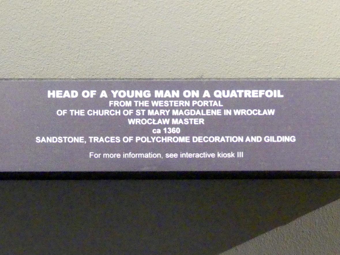 Kopf eines jungen Mannes auf Maßwerk, Breslau, Kirche St. Maria Magdalena, jetzt Breslau, Nationalmuseum, 1. OG, schlesische Steinskulptur 12.-16. Jhd.,, um 1360, Bild 3/3