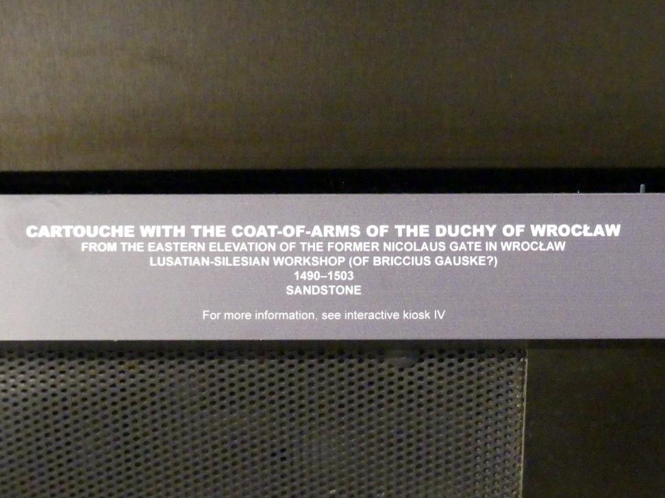 Kartusche mit dem Wappen des Herzogtums Breslau, Breslau, ehem. Nikolaustor, jetzt Breslau, Nationalmuseum, 1. OG, schlesische Steinskulptur 12.-16. Jhd.,, 1490–1503, Bild 3/3