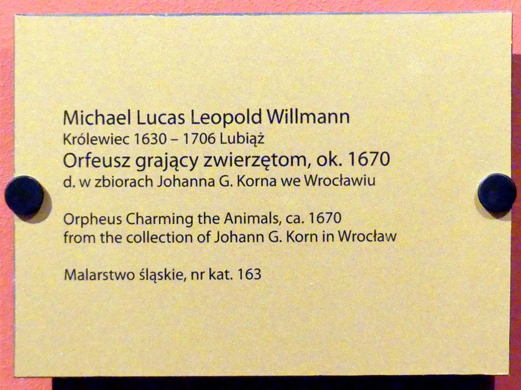 Michael Willmann (1650–1705), Orpheus bezaubert die Tiere, Breslau, Nationalmuseum, 1. OG, schlesische Kunst 16.-19. Jhd., Saal 6, um 1670, Bild 2/2