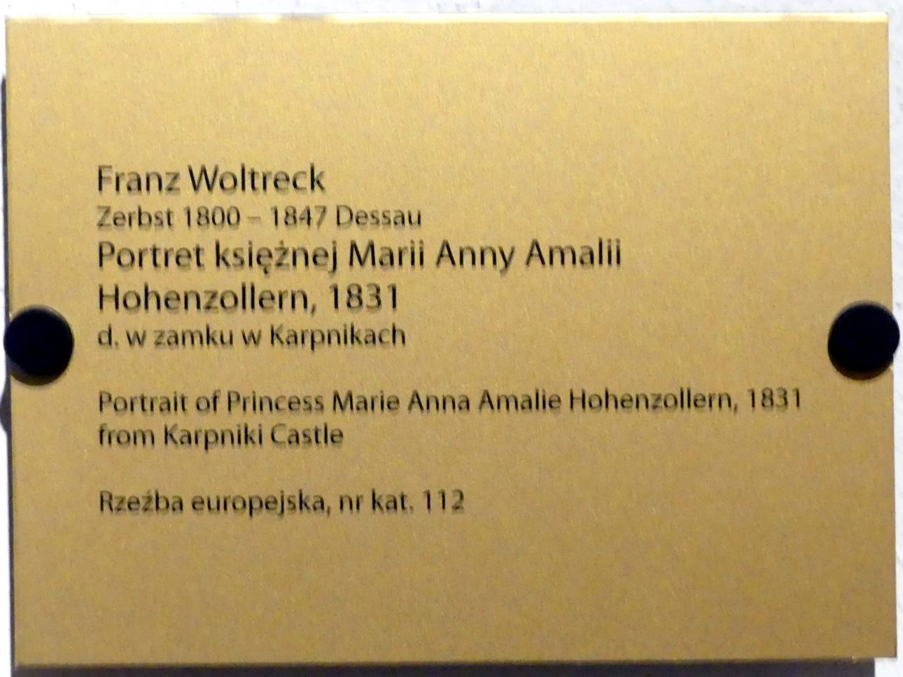 Franz Woltreck (1831), Porträt der Maria Anna Amalie von Hessen-Homburg (1785-1846), Fischbach (Karpniki), Schloss Fischbach, jetzt Breslau, Nationalmuseum, 1. OG, schlesische Kunst 16.-19. Jhd., Saal 9, 1831, Bild 2/2